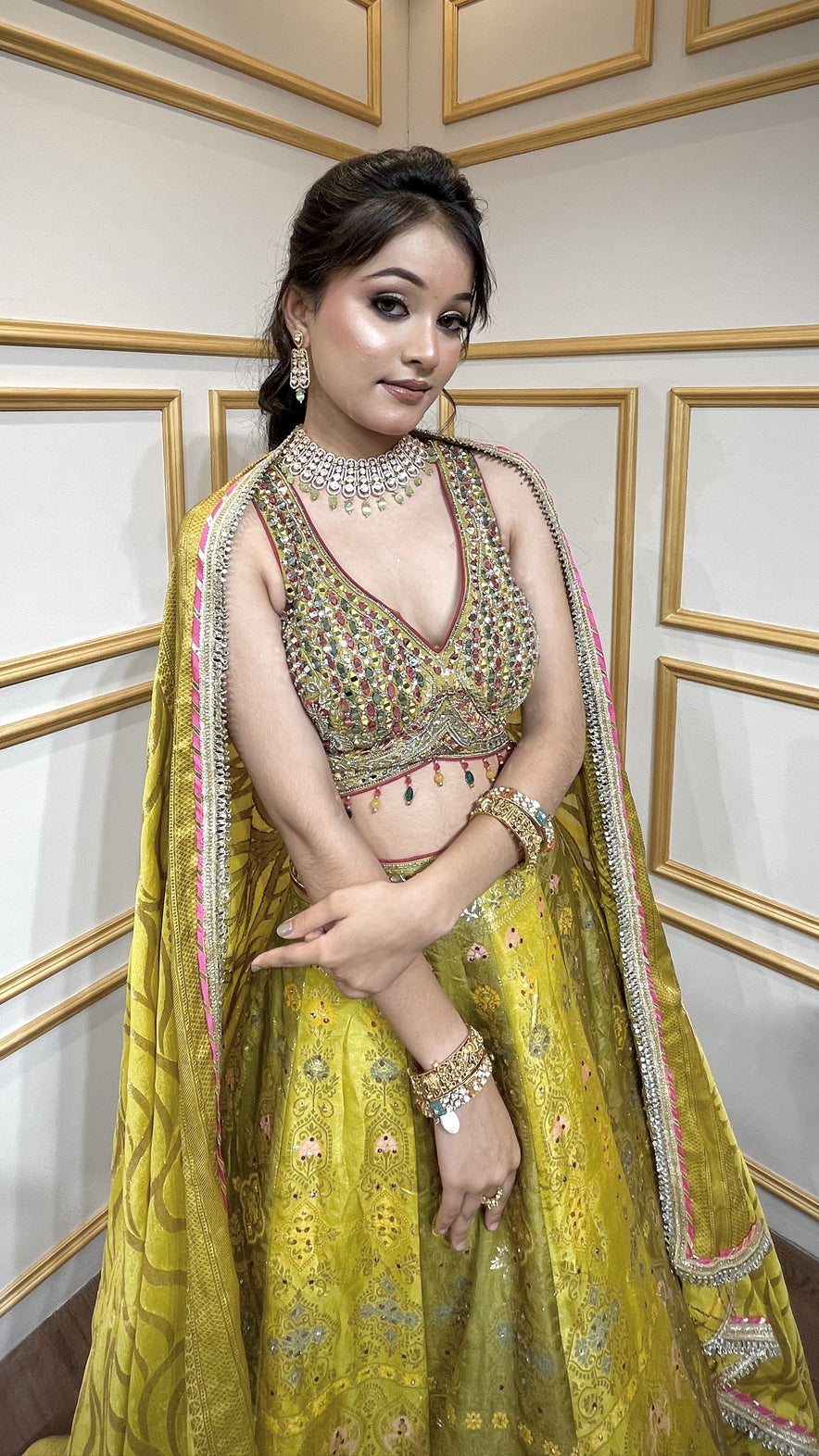Mehendi green lehenga choli with mirror & pearl in brochet