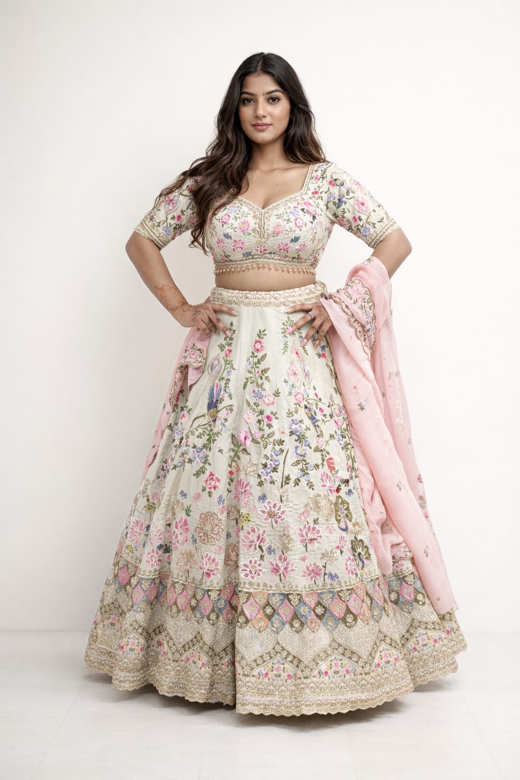 Resham & pearl work on raw silk cream lehenga with contrasting pink dupatta