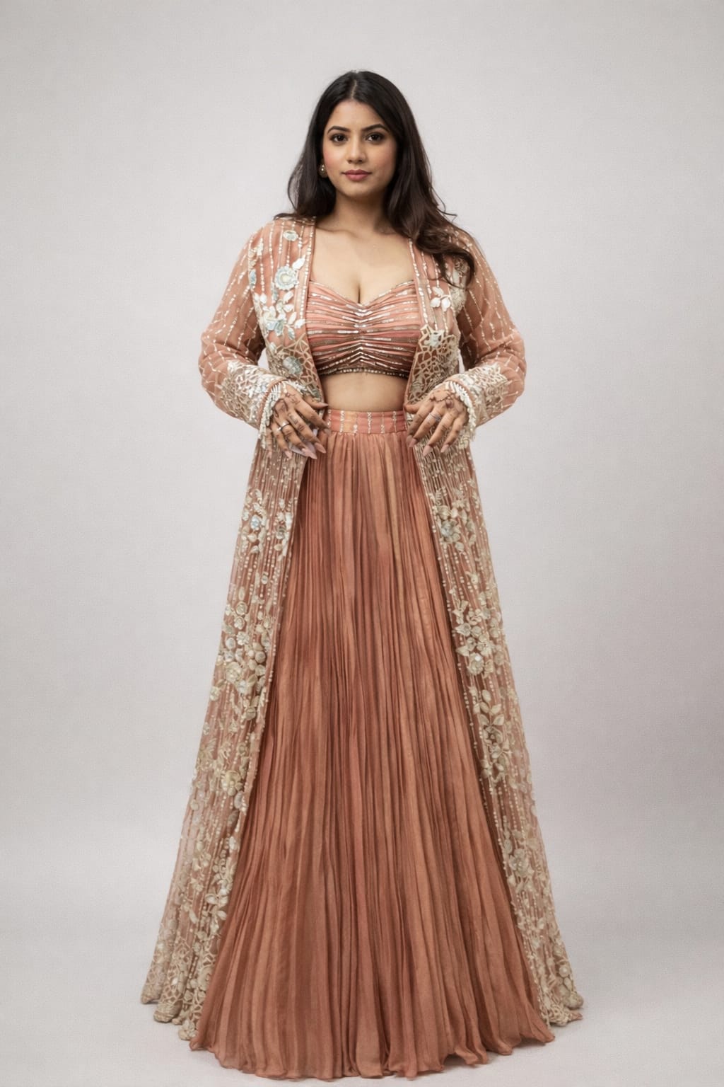 Rust orange indowestern with sequins & zari work on tissue