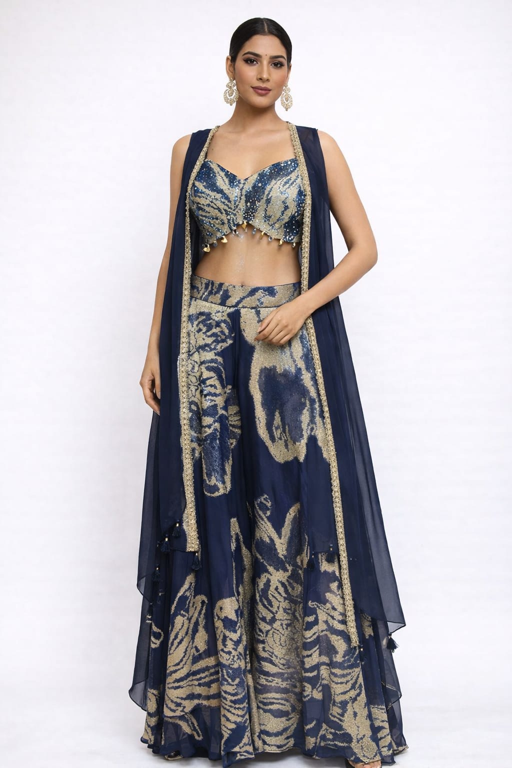 Sequins & cut dana work on midnight blue crop top plazo on georgette with shrug