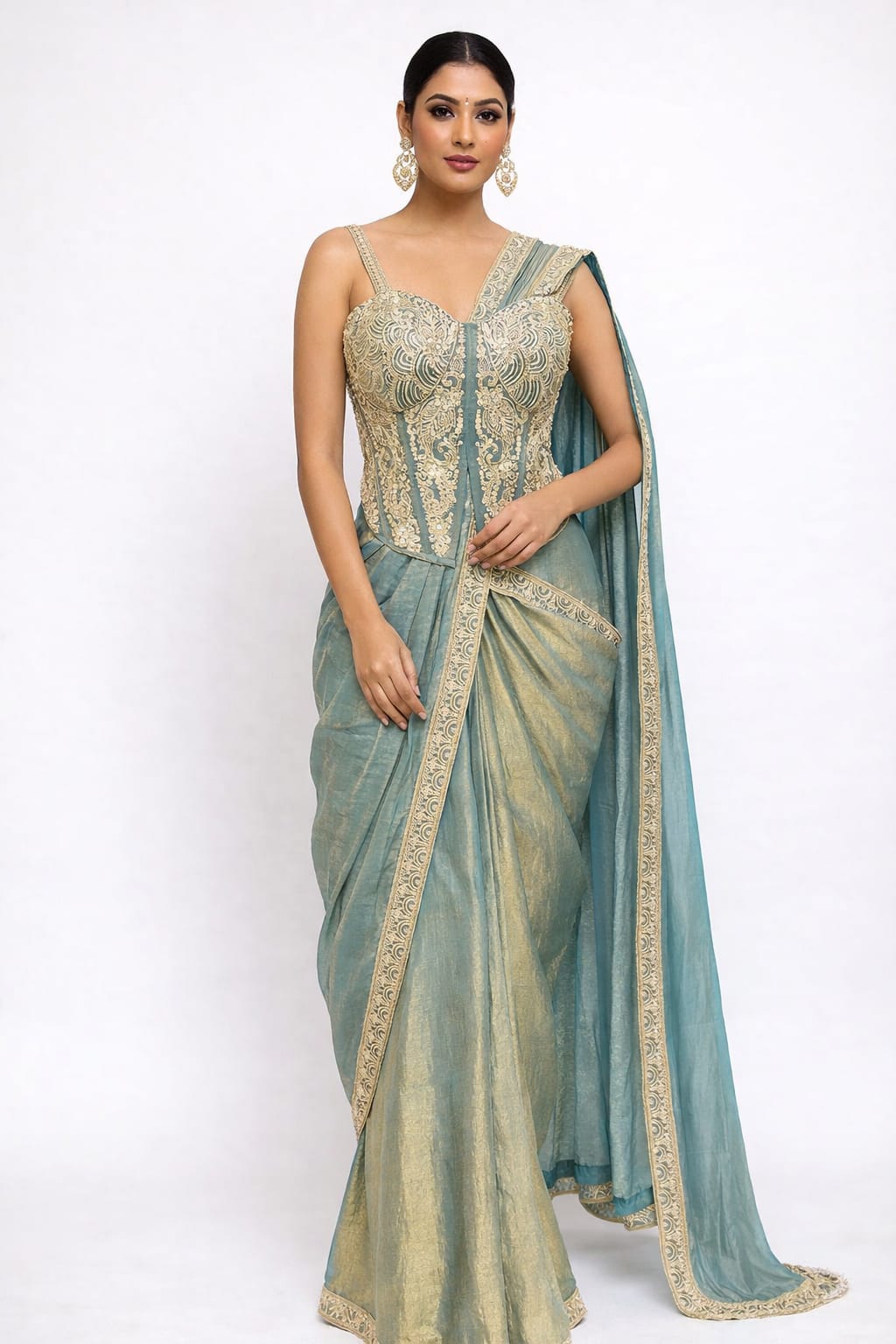 Mirror & zari work on fendi aqua blue pre drape saree with corset blouse