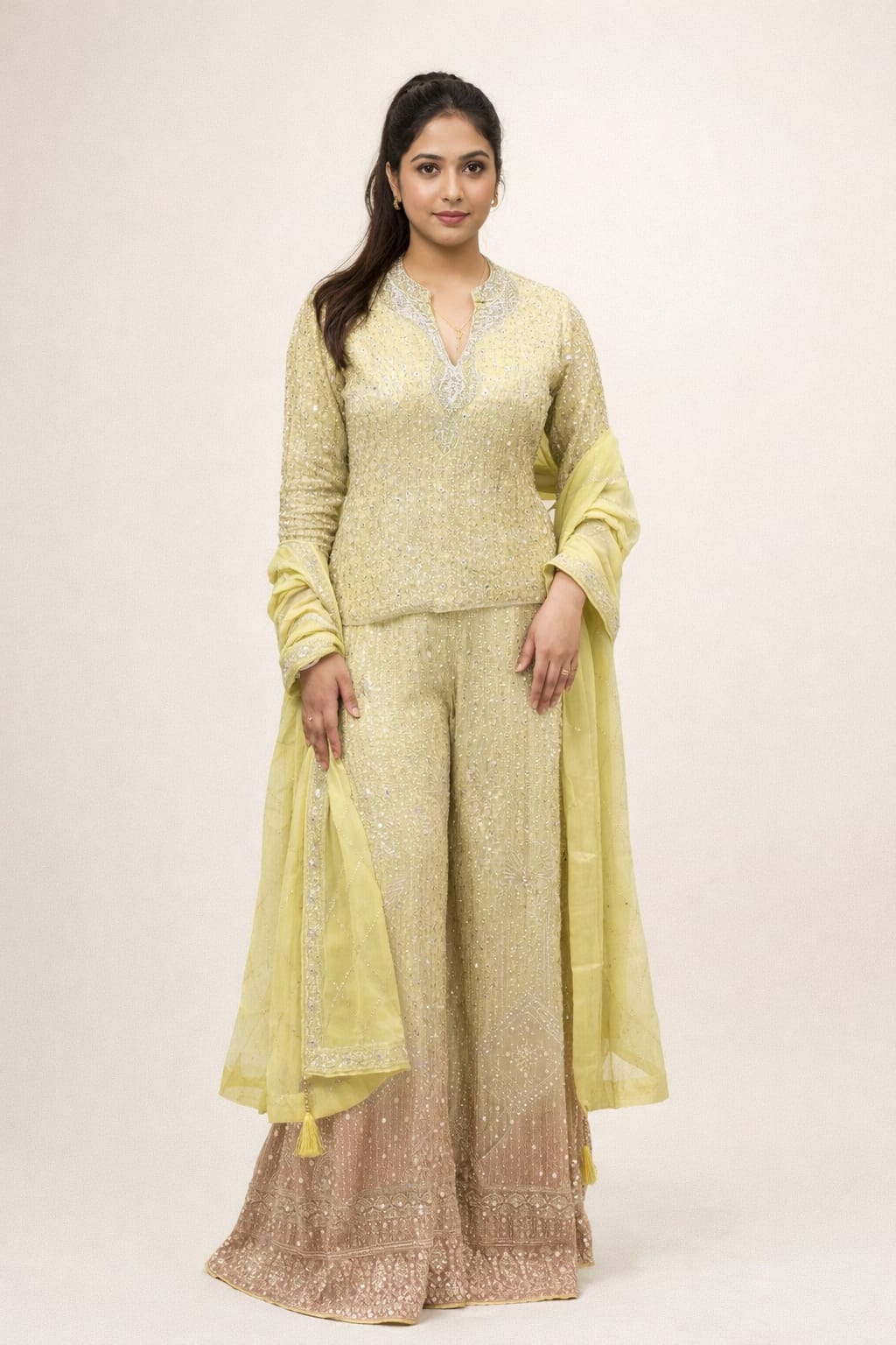 Lime georgette indo-western with zari & zarkan short kuti with plazo