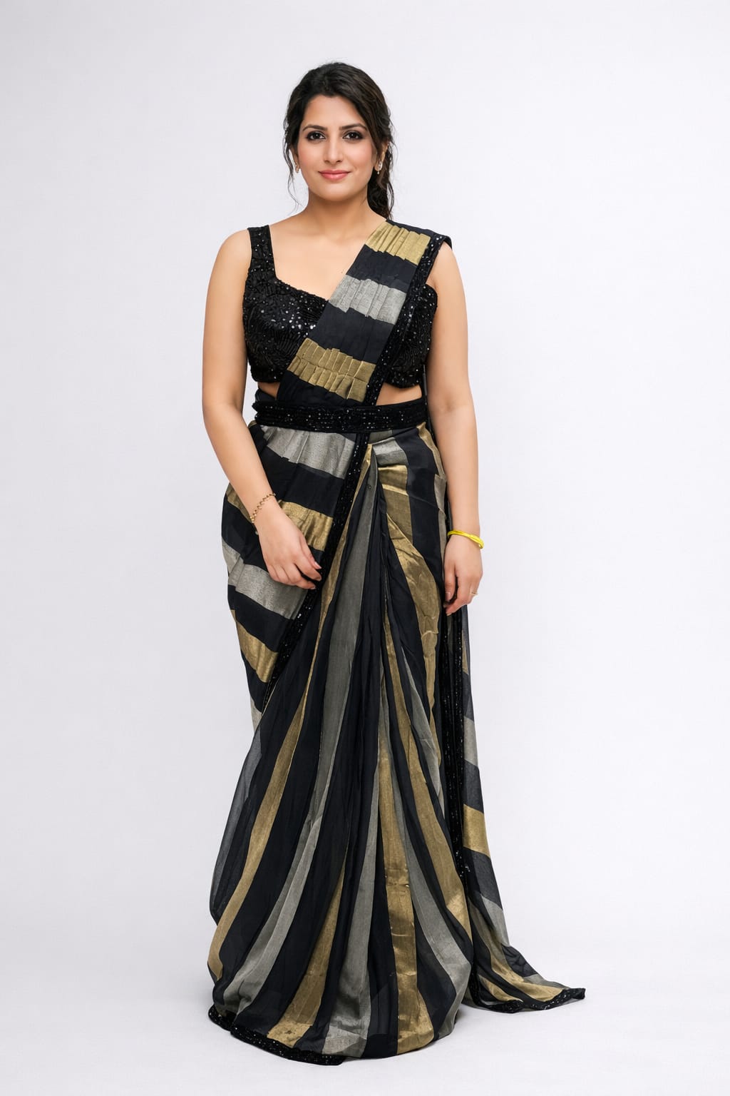 Black organza pre drape saree with pearl & cut dana work