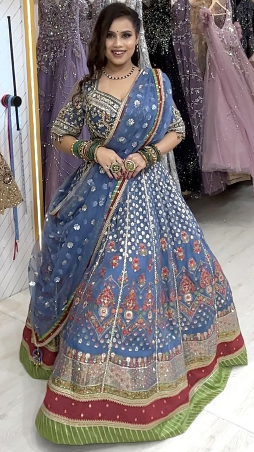 Multicolor organza lehenga with zari & resham