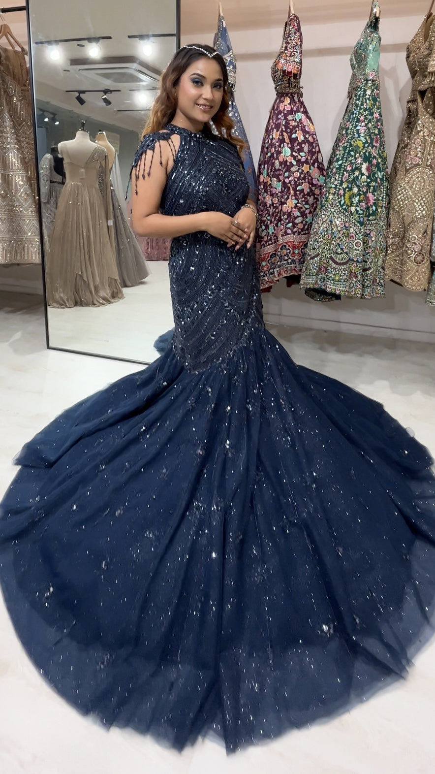 Midnight blue mermaid gown in net with pearl & cut dana