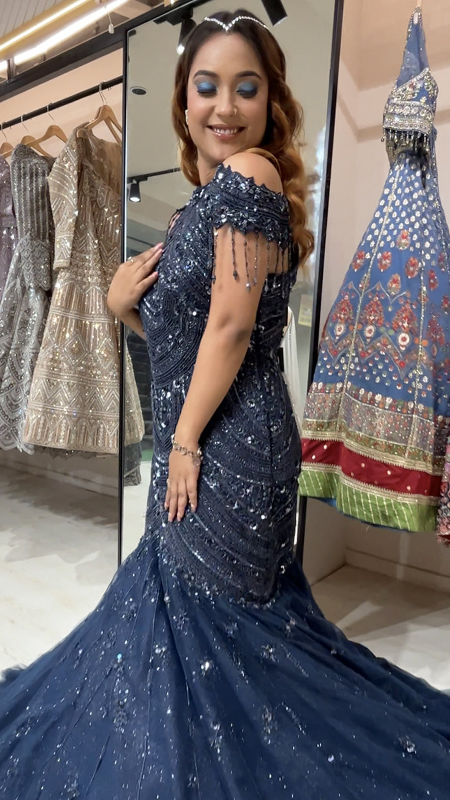 Midnight blue mermaid gown in net with pearl & cut dana