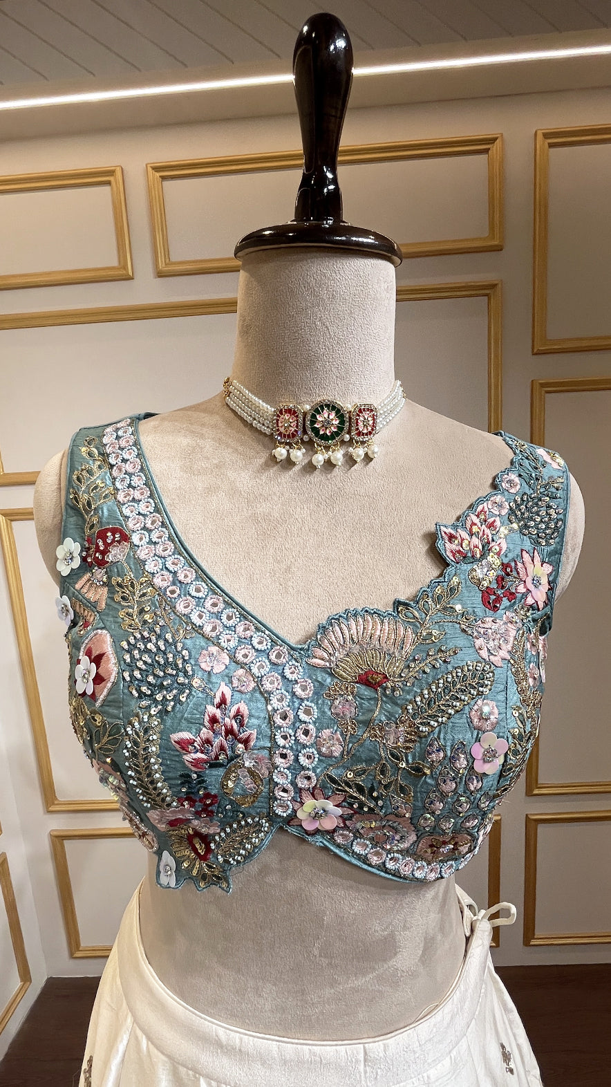 Cream & dusty turquoise drape lehenga with thread & pearl in raw silk