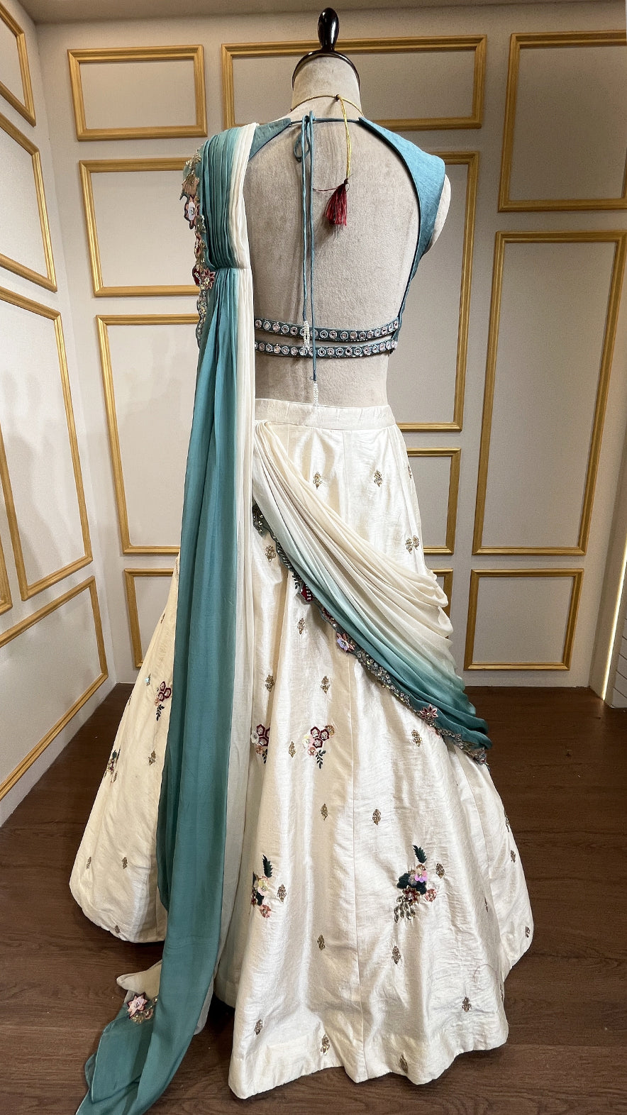 Cream & dusty turquoise drape lehenga with thread & pearl in raw silk