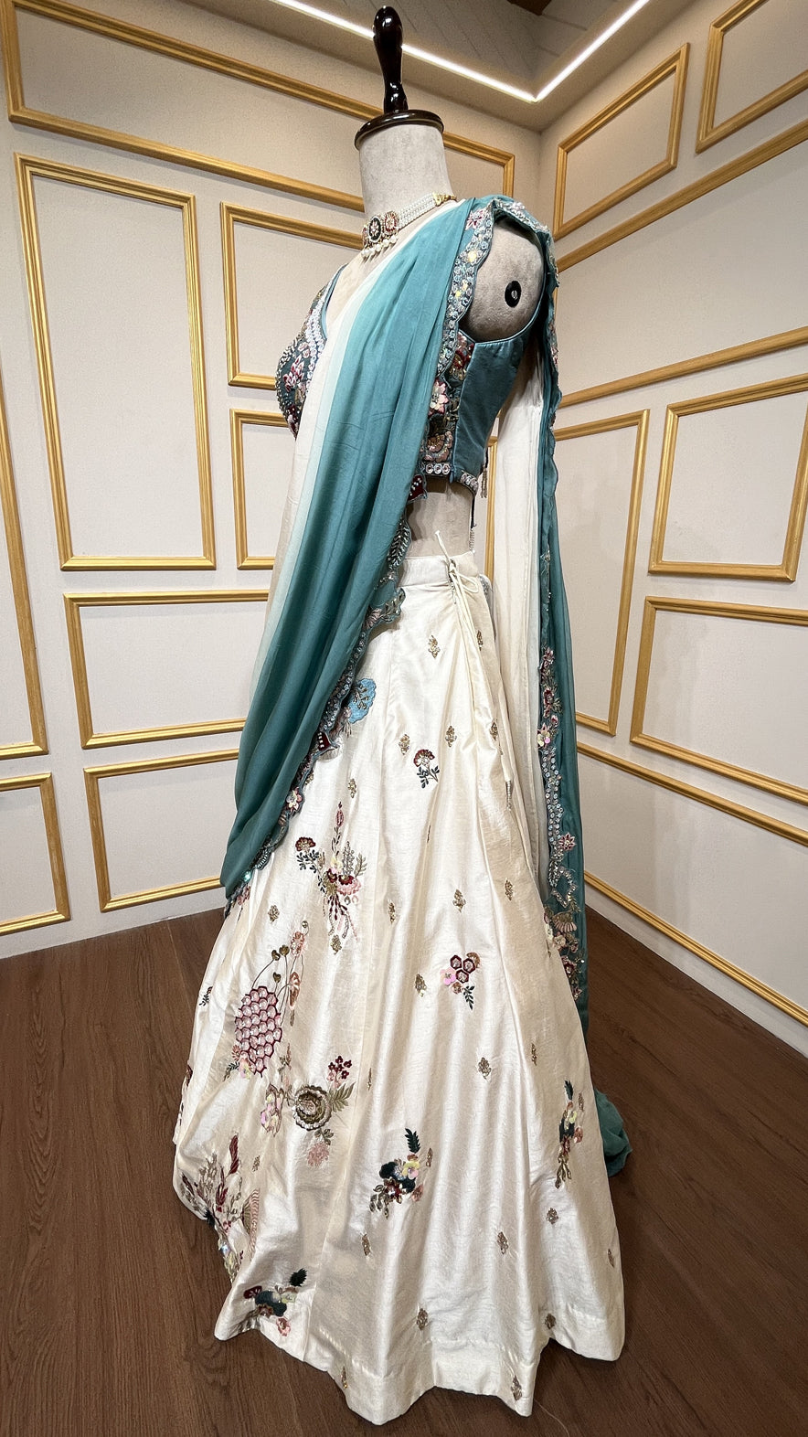 Cream & dusty turquoise drape lehenga with thread & pearl in raw silk