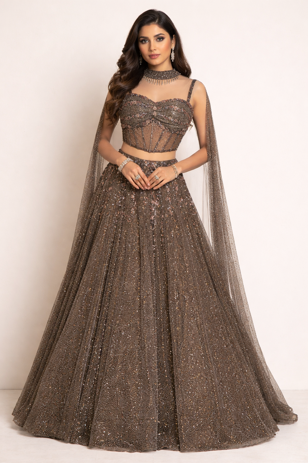 Taupe brown peal & sequins lehenga on net with designer corset blouse