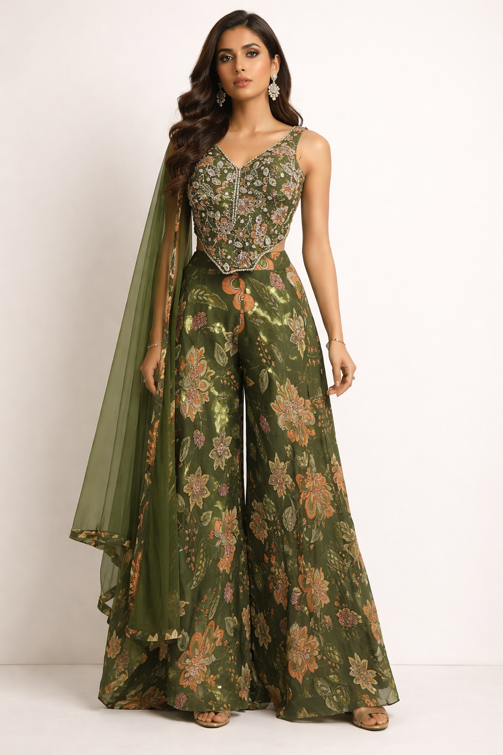 Chinon plazo with sequins & mirror work corset in forest green