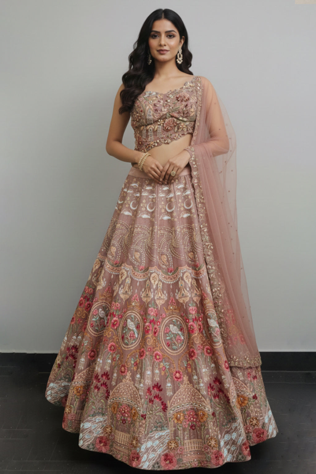 Pearl & crystal work on powder peach western lehenga on organza with asymmetrical cut blouse