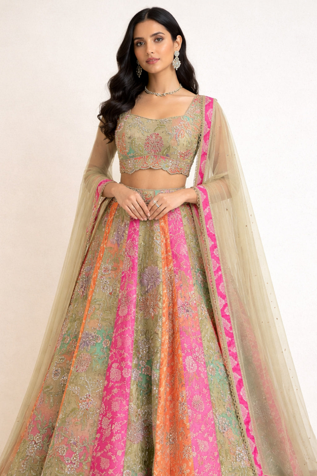 Multicolor banarsi silk lehenga with zari & sequins work
