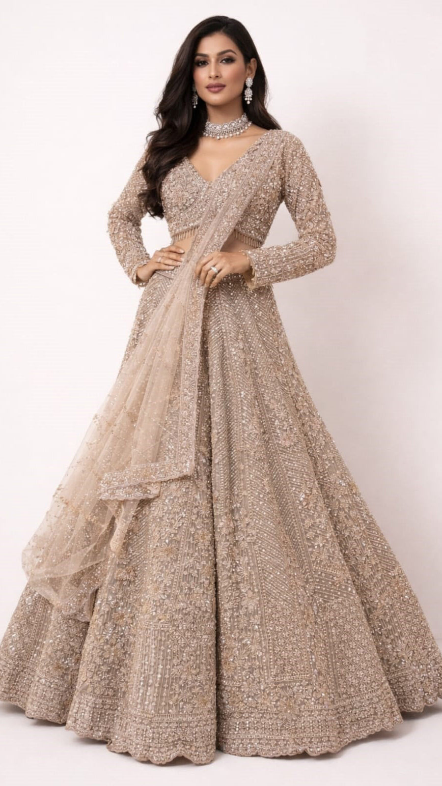 Pearl & cut dana work on golden net lehenga with heavy dupatta