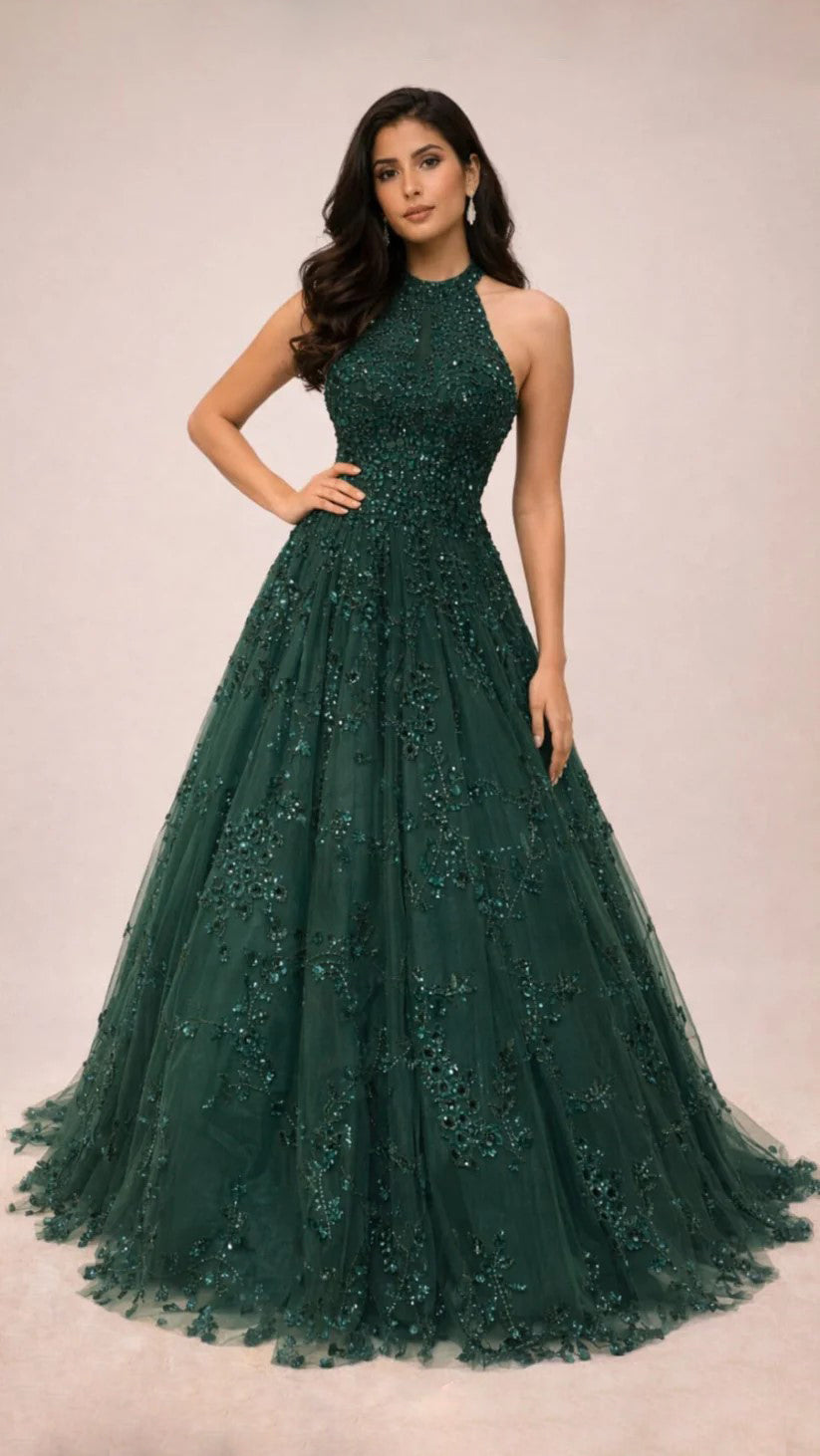 Emerald green engagement gown with pearl & sequins work on net