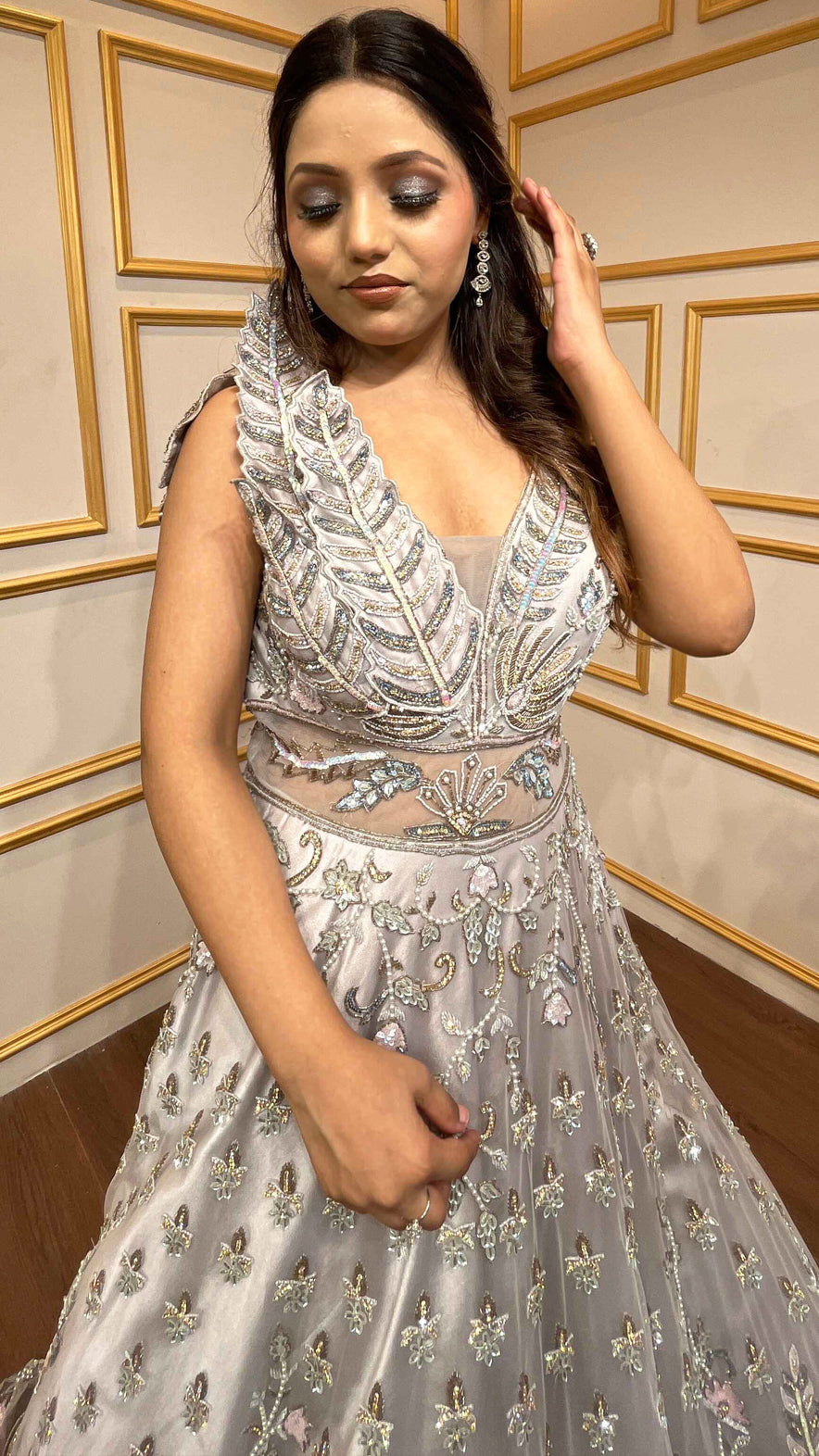 Ice blue engagement gown in net with pearl & cut dana