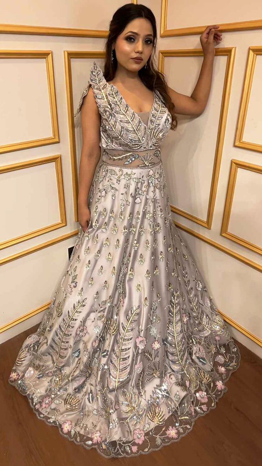 Ice blue engagement gown in net with pearl & cut dana