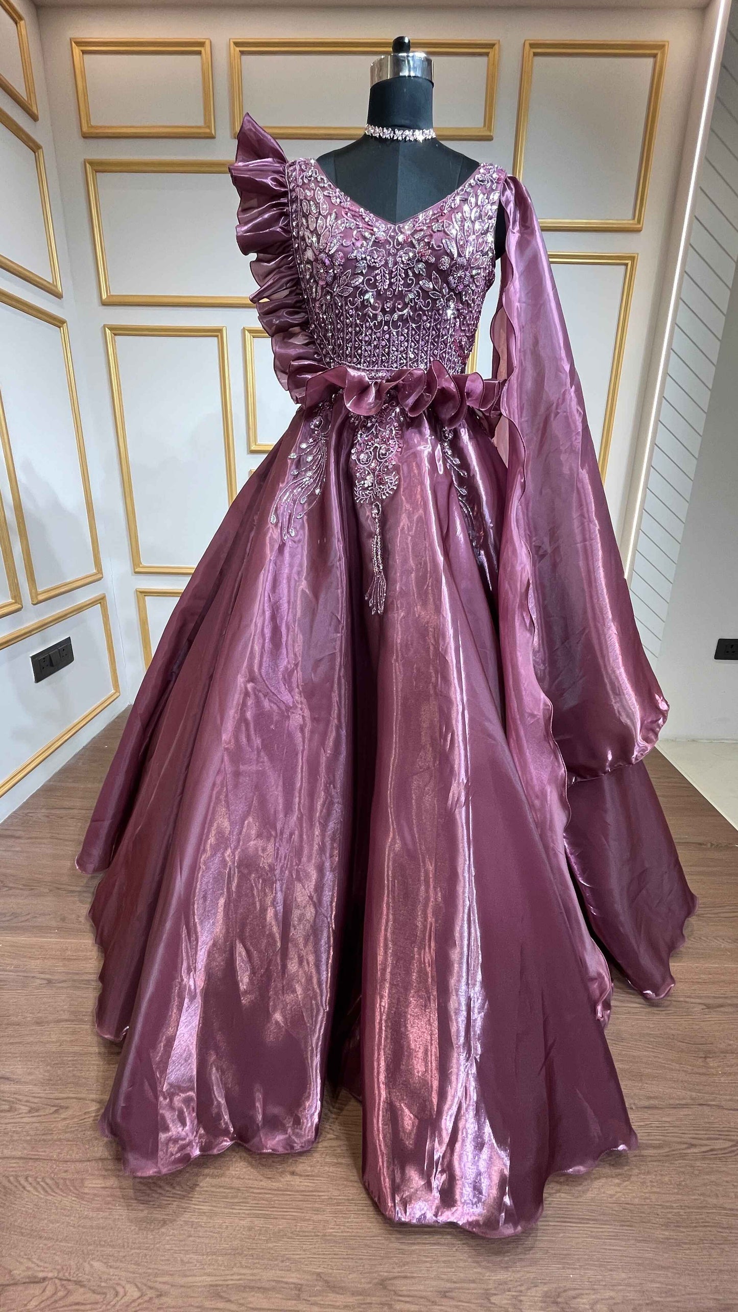 Sequins & crystal work on wine color organza gown