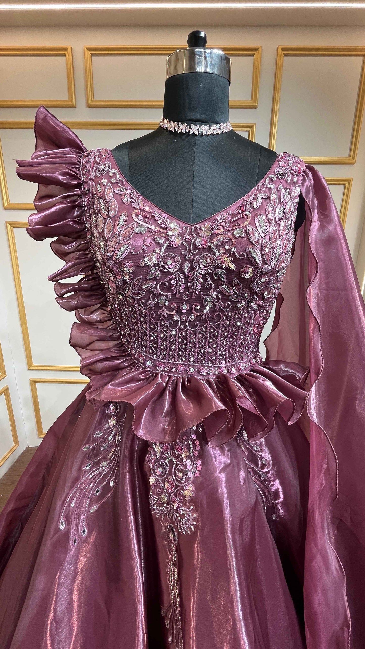Sequins & crystal work on wine color organza gown