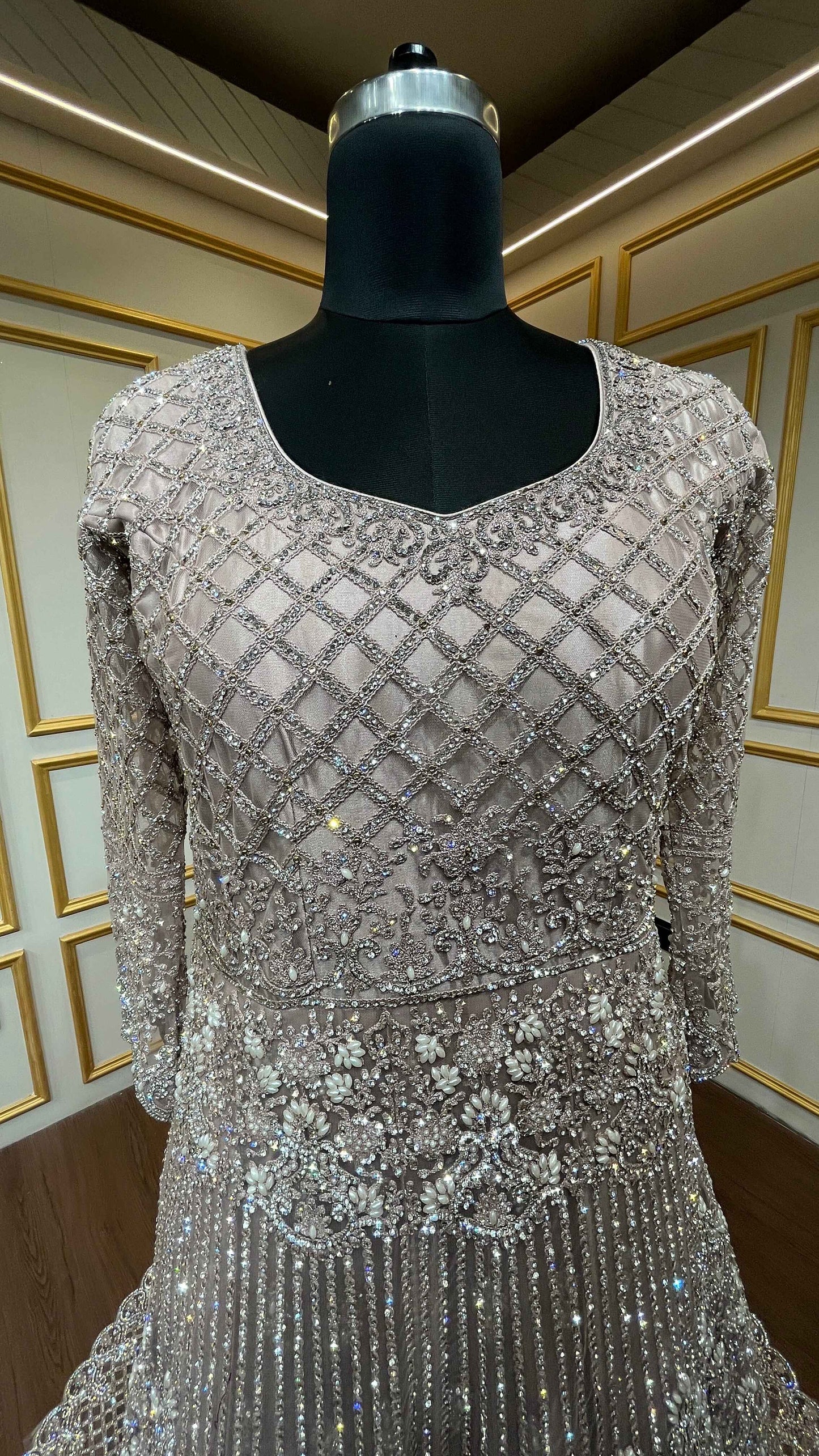Powder mauve trail indo western in net with zarkan & pearl