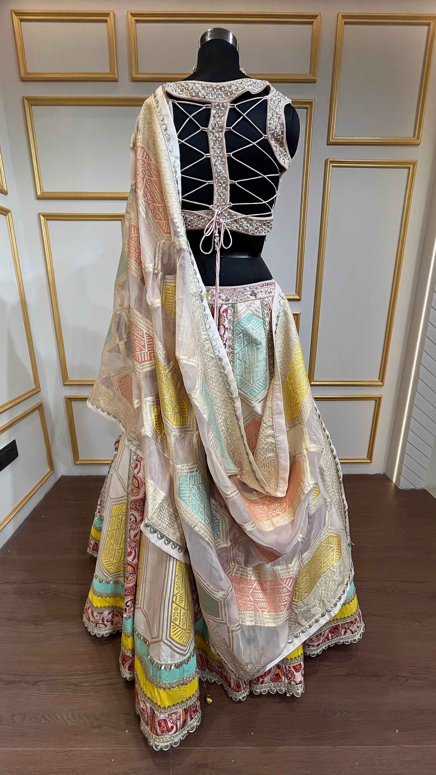 Multicolor lehenga with pearl & cut dana in brocade