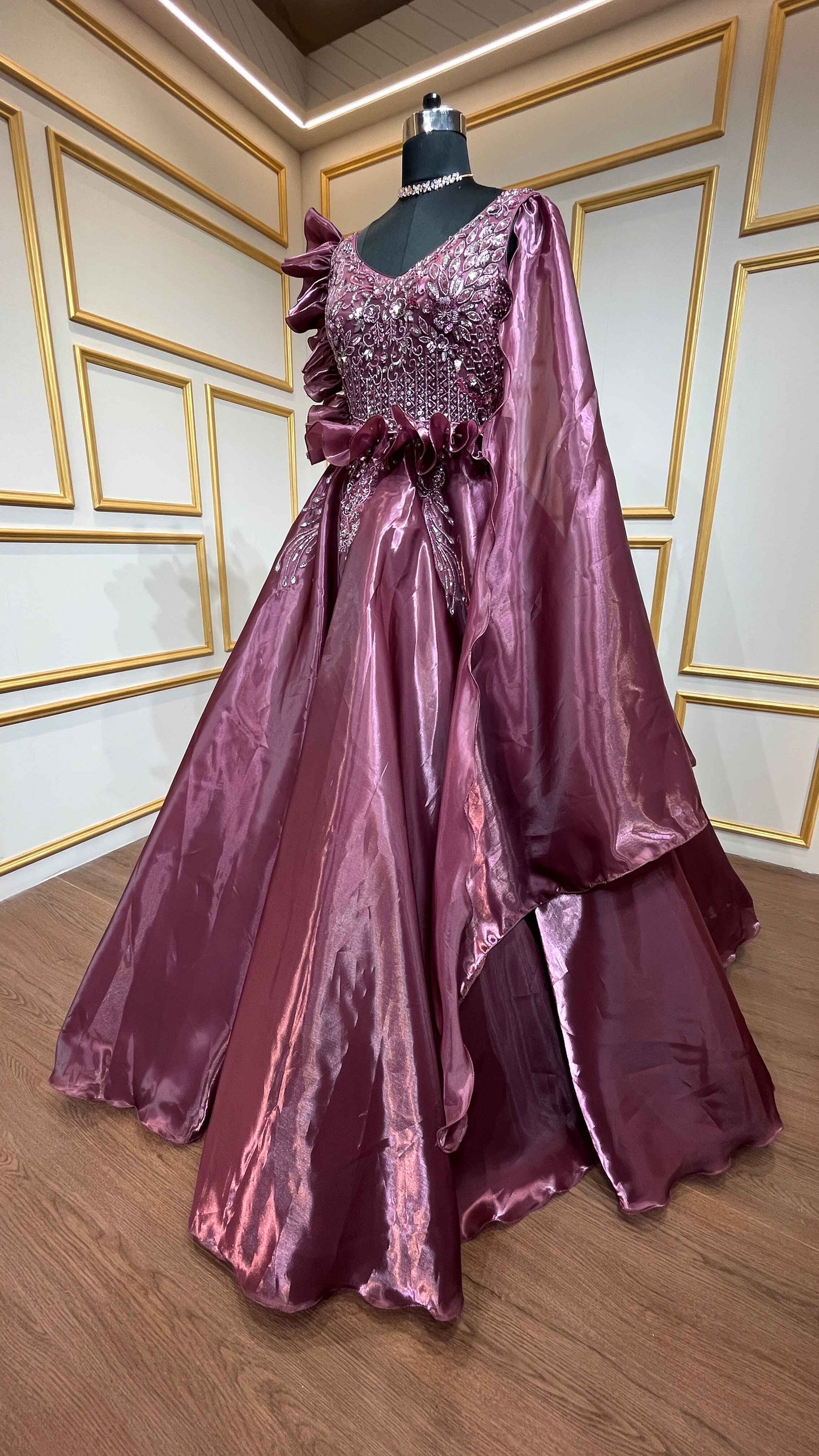 Sequins & crystal work on wine color organza gown