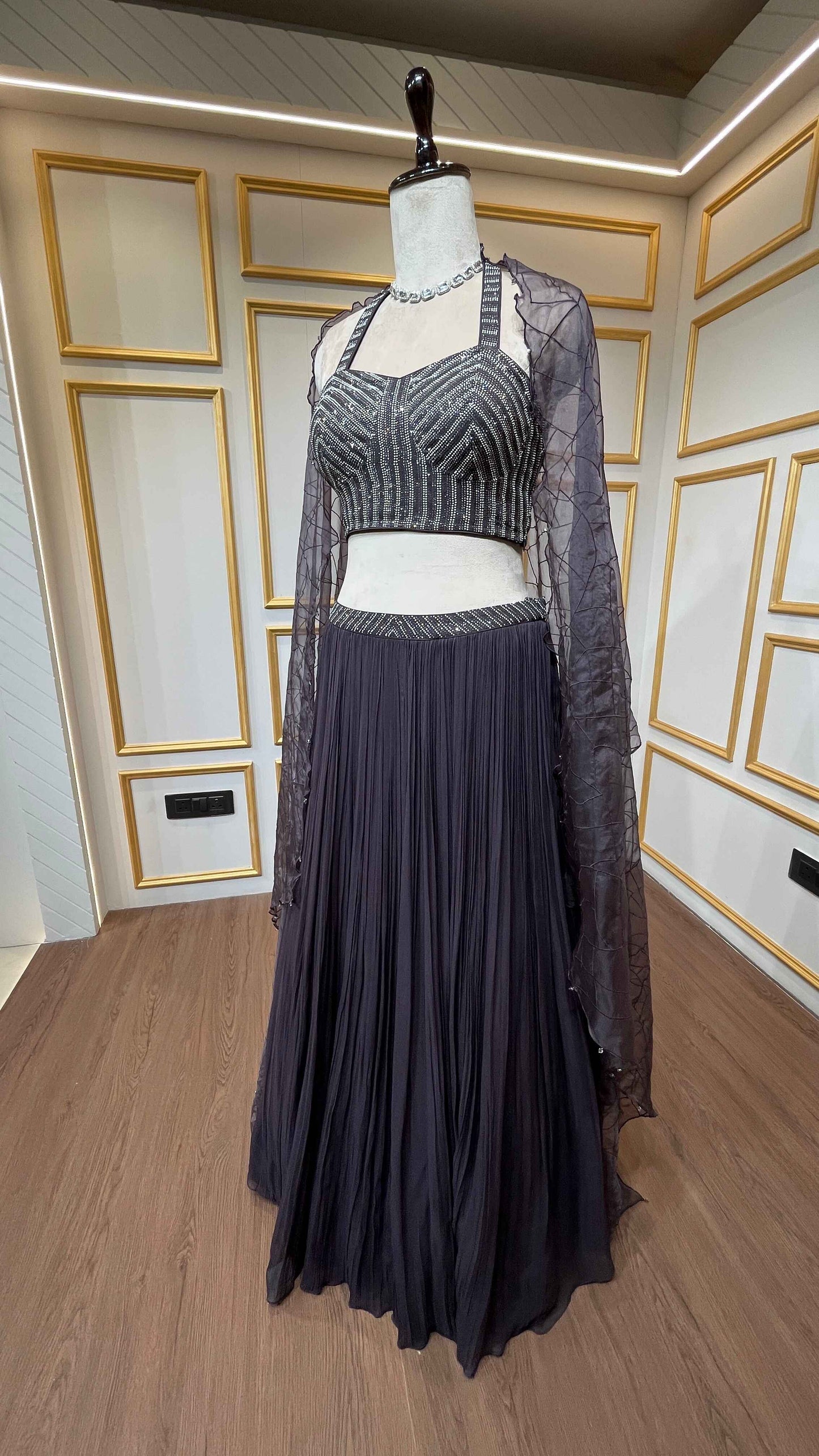 Thread & stone pasting work on deep wine georgette skirt with organza shrug