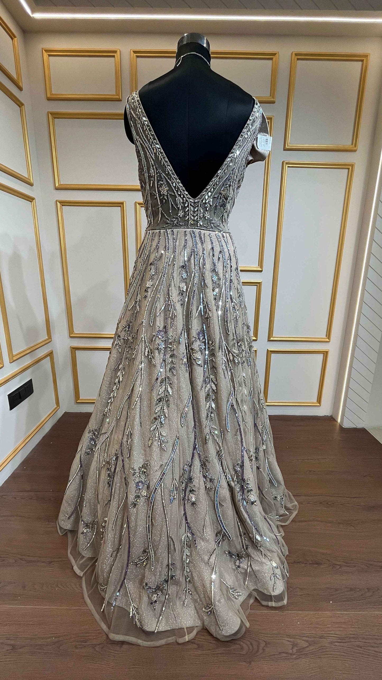 Shimmer fabric gown with sequins & pearl in champagne