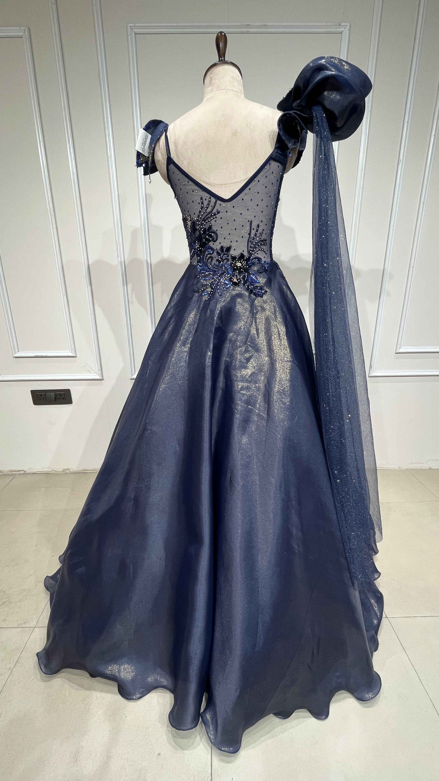 Deep blue engagement gown with cut dana & crystal in shimmer organza