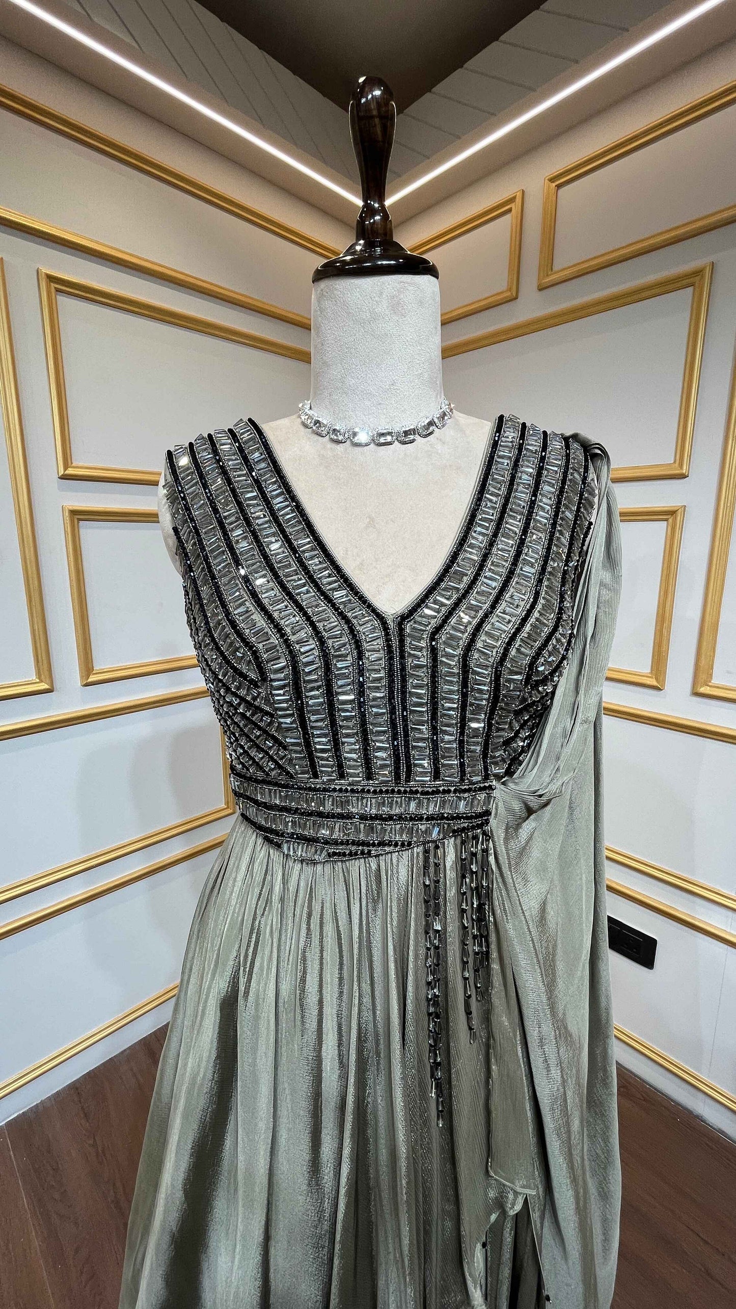 Chinon indo westerns with pearl & beads in olive green