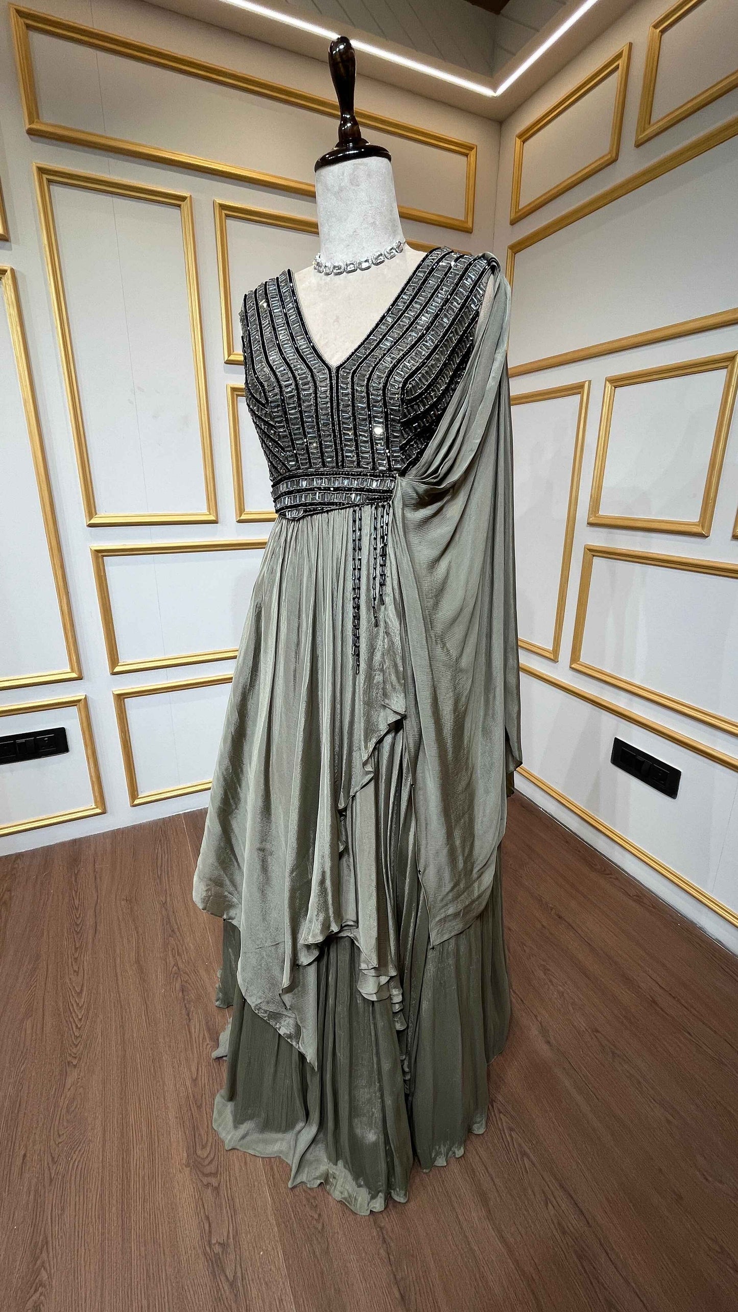 Chinon indo westerns with pearl & beads in olive green