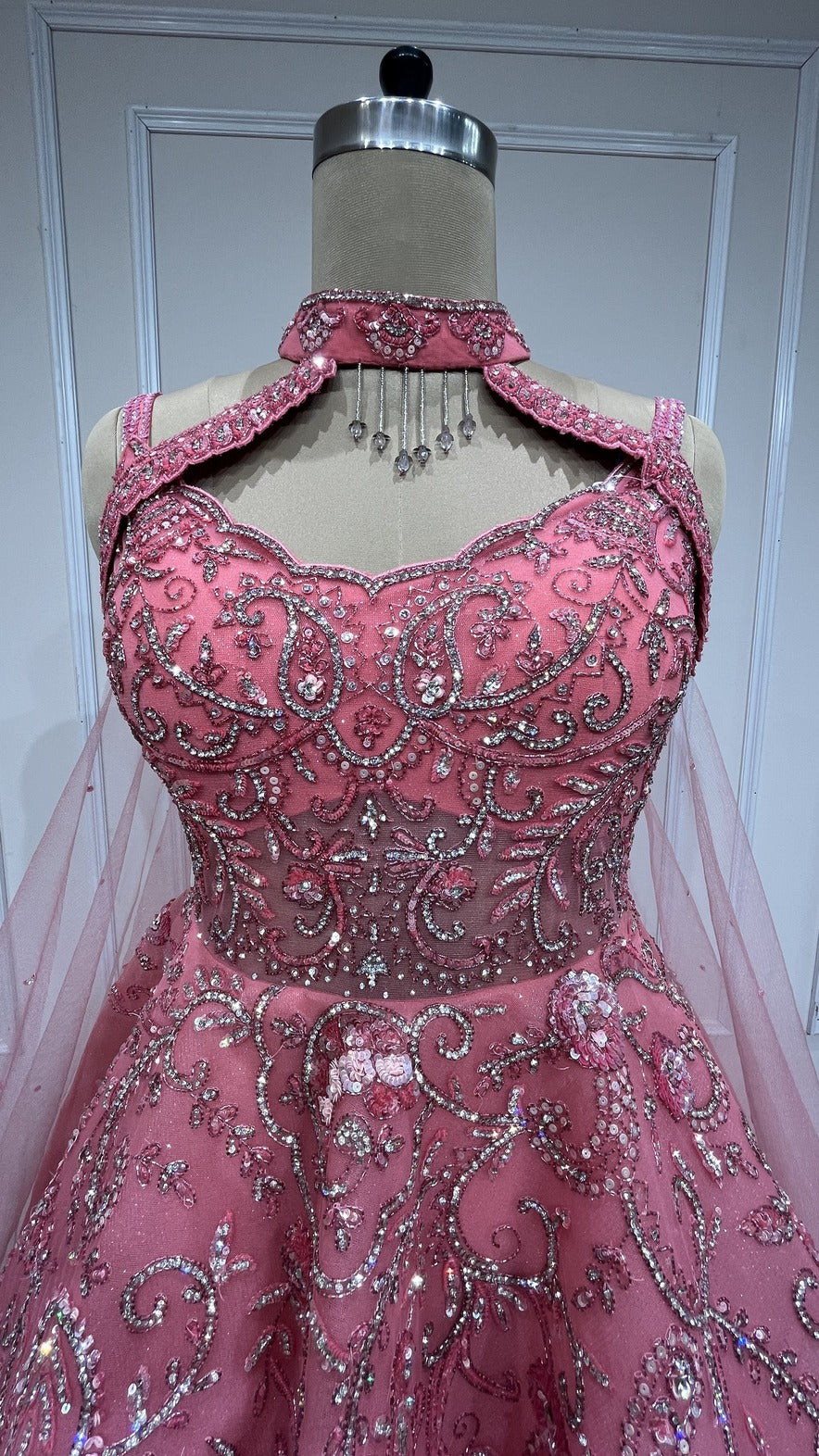 Carrot peach engagement gown with crystal & cut dana work on mesh