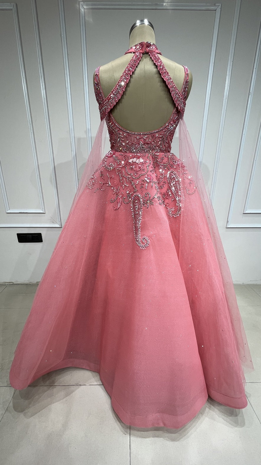 Carrot peach engagement gown with crystal & cut dana work on mesh