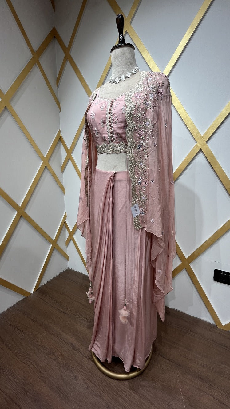 Crepe dhoti style with thread & zari in powder peach & chinon shrug