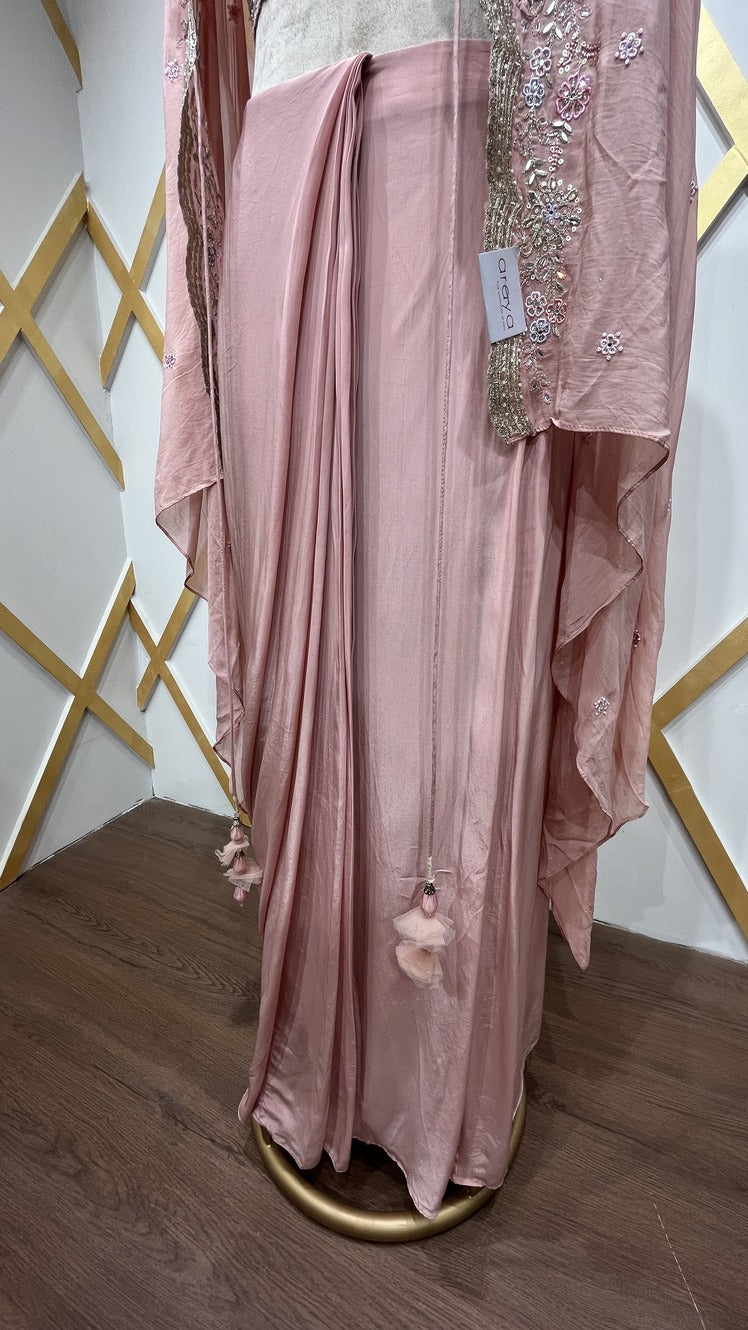 Crepe dhoti style with thread & zari in powder peach & chinon shrug