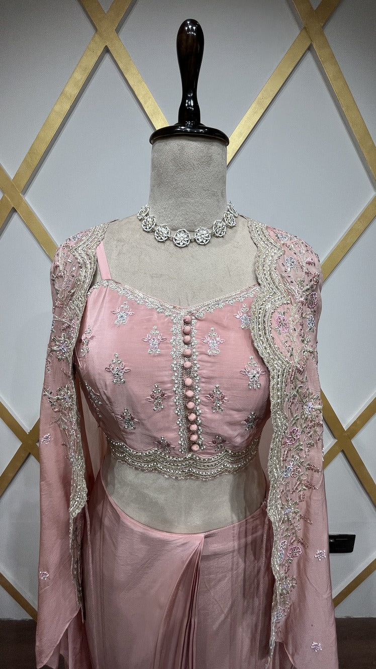 Crepe dhoti style with thread & zari in powder peach & chinon shrug