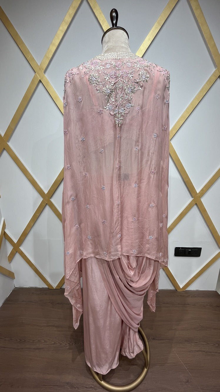 Crepe dhoti style with thread & zari in powder peach & chinon shrug
