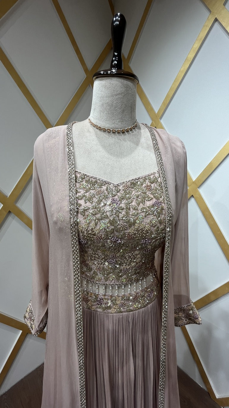 Georgette crop top skirt with shrug in dusty peach with french knot & cut dana