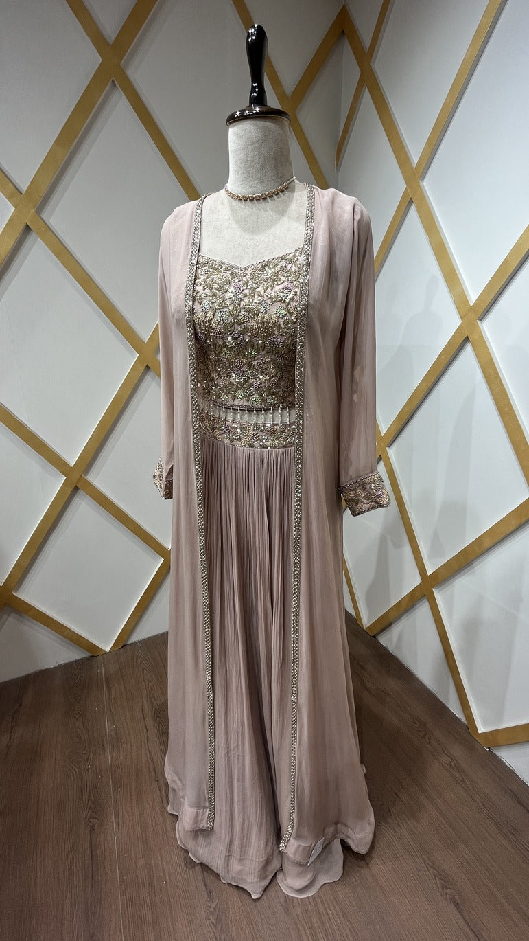 Georgette crop top skirt with shrug in dusty peach with french knot & cut dana