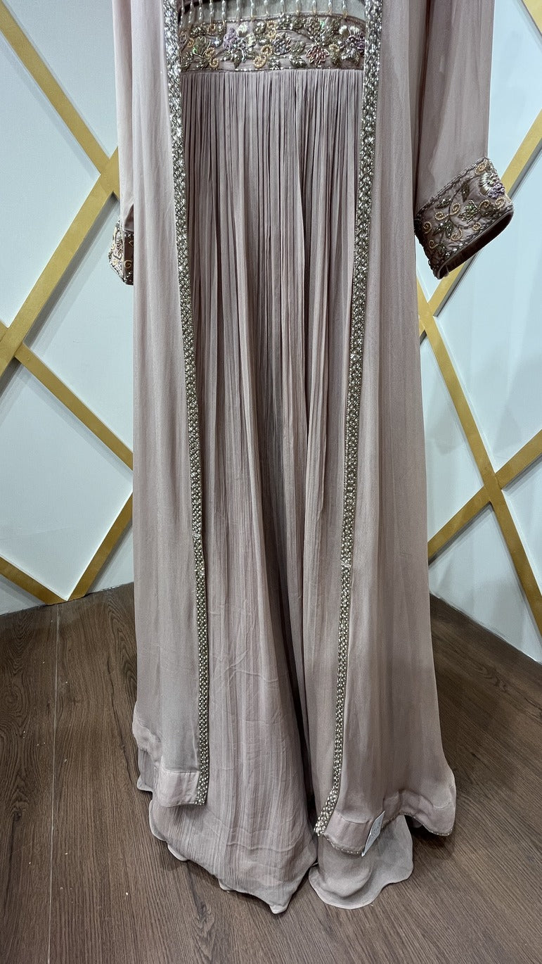 Georgette crop top skirt with shrug in dusty peach with french knot & cut dana