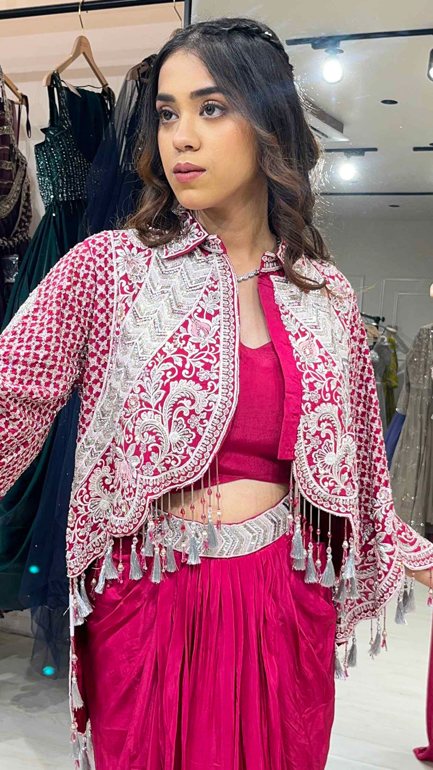 Satin dhoti style with dabka & crystal work on jacket in magenta