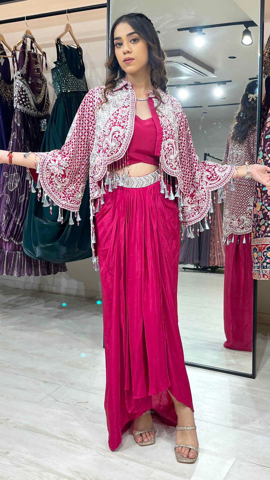 Satin dhoti style with dabka & crystal work on jacket in magenta