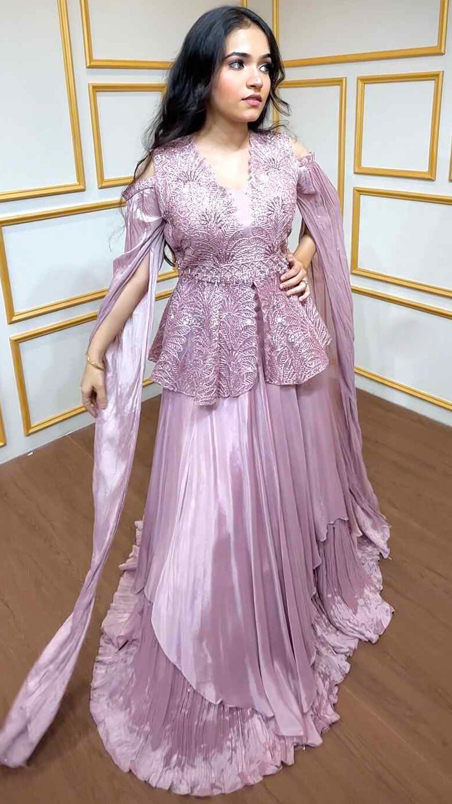 Peplum top with skirt with zari dori & sequins in crepe pink