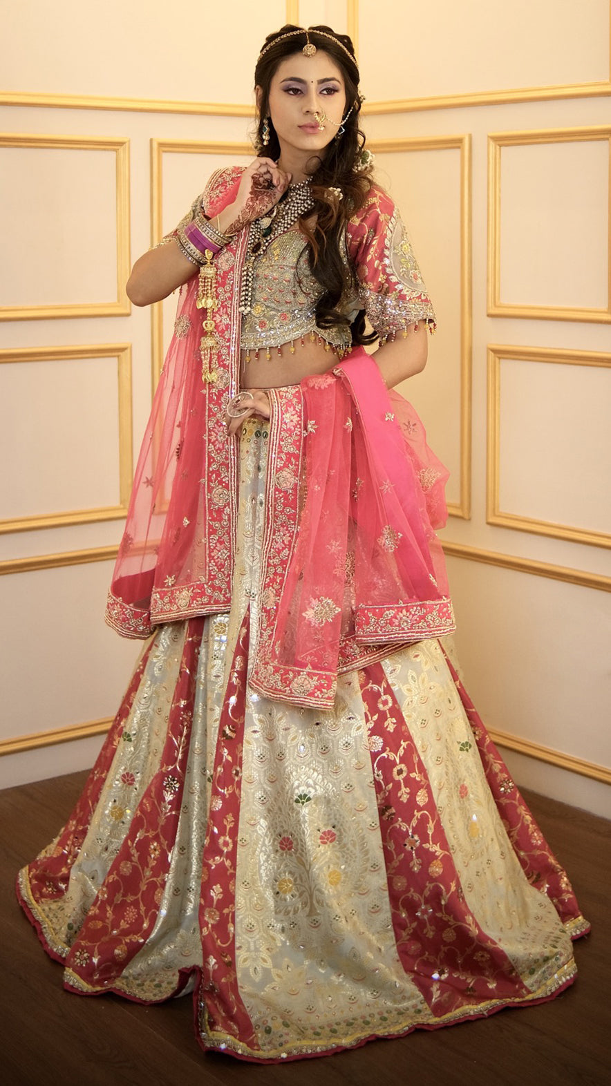 Pista green & magenta lehenga choli with cut dana & resham work in banarasi fabric