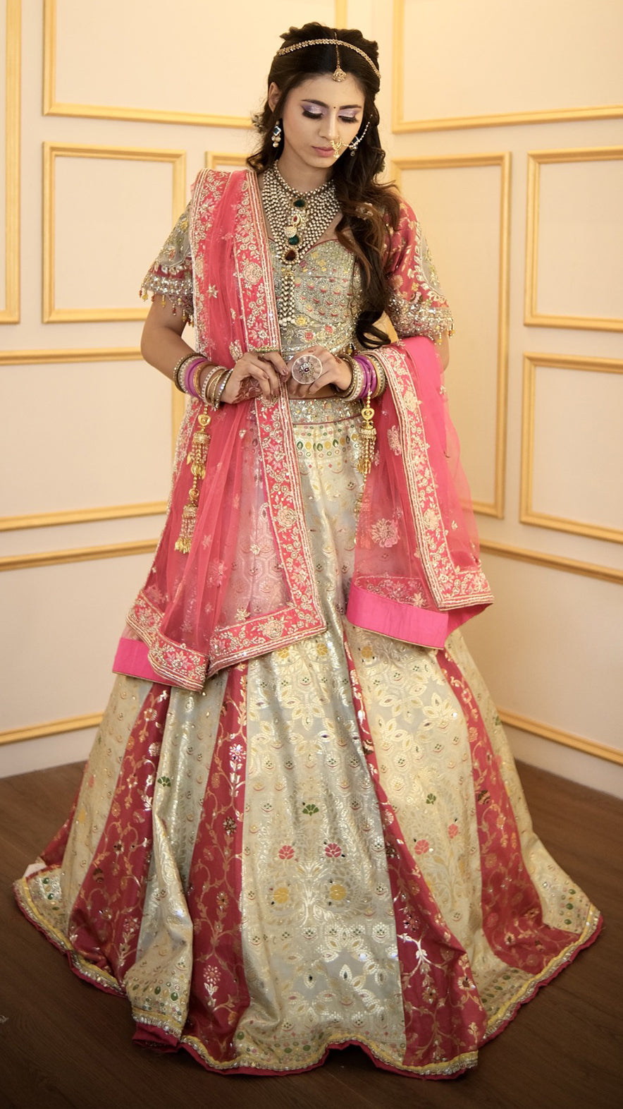 Pista green & magenta lehenga choli with cut dana & resham work in banarasi fabric