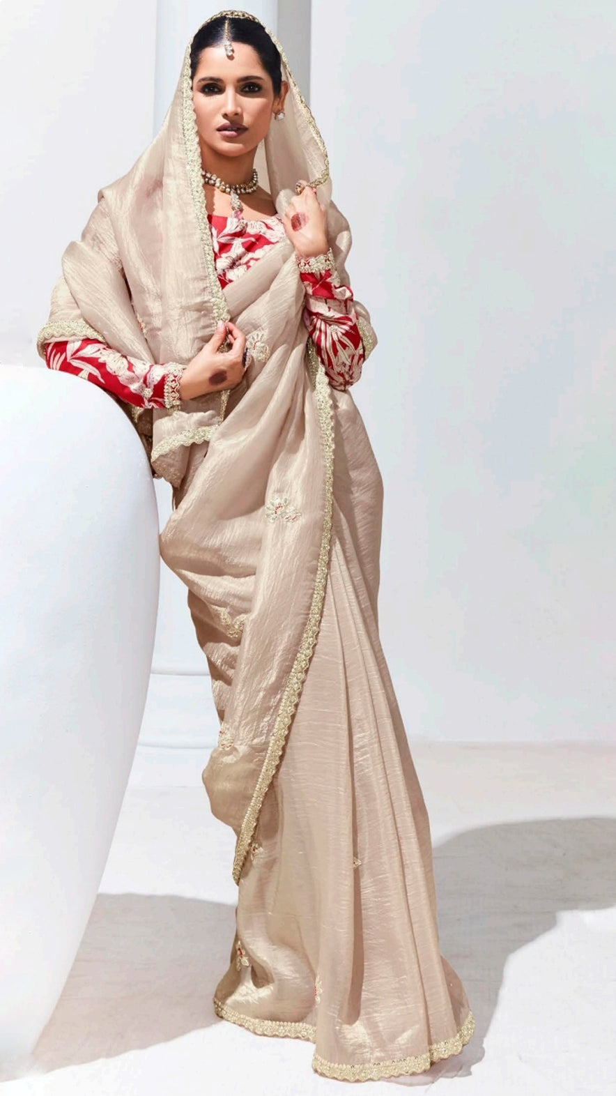 Champagne saree with contrasting printed blouse in wrinkled organza