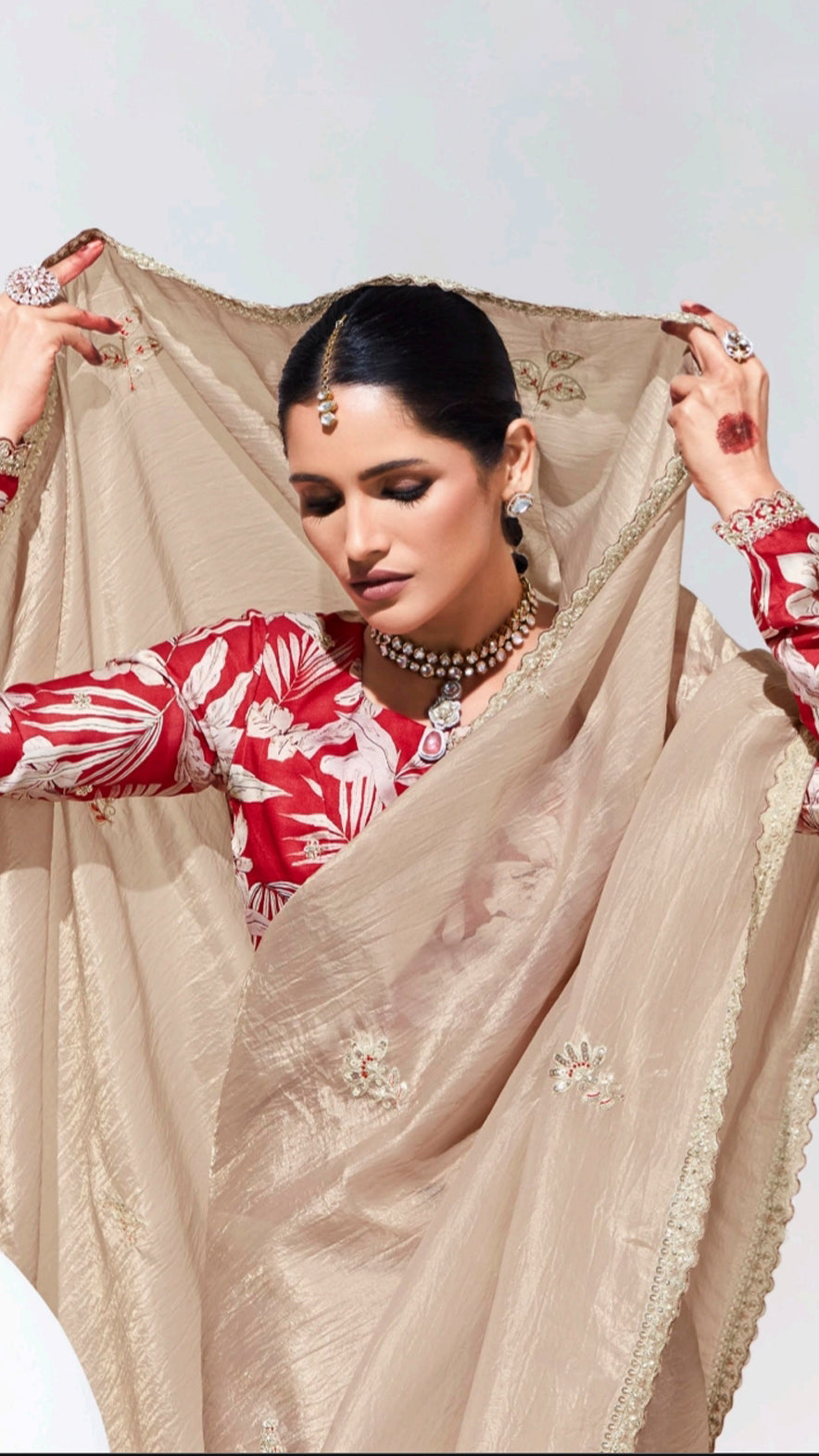 Champagne saree with contrasting printed blouse in wrinkled organza