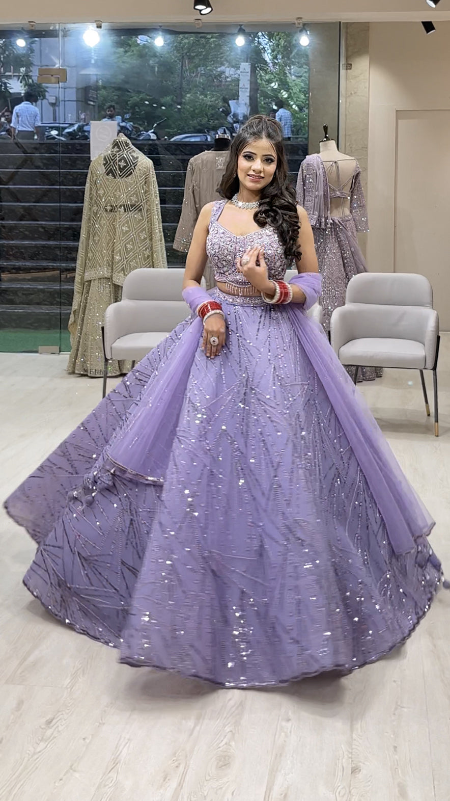 Ultra violet western ball lehenga with tonal pearl & tube work in mesh