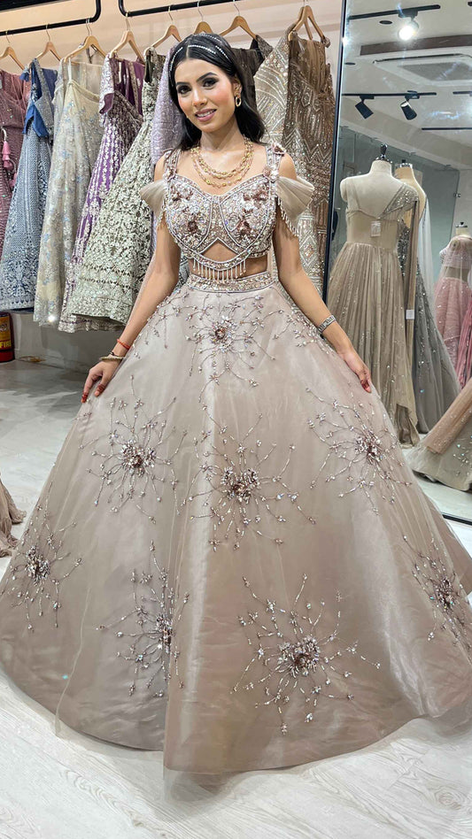 Mirror & pearl work on camel brown net ball lehenga