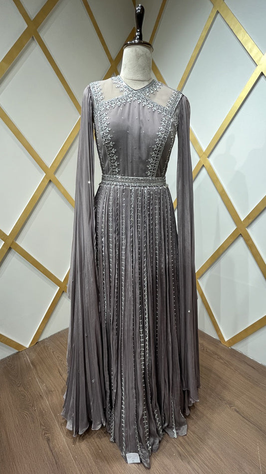 Thread & crystal work on dusty mauve dress in chinon